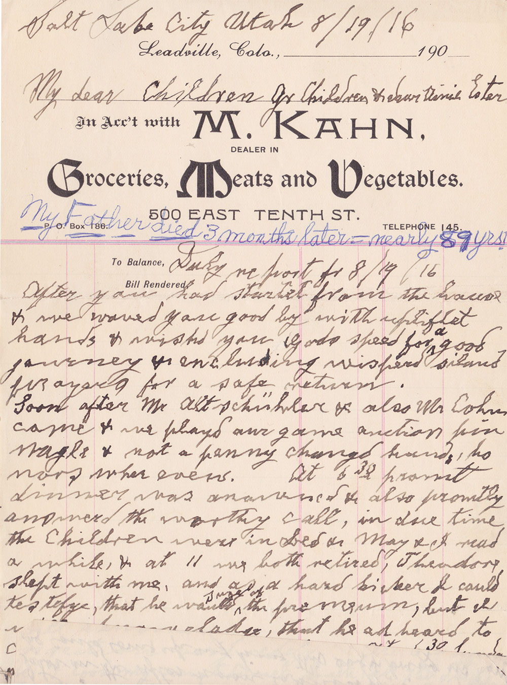 Letter from May Kahn Baer on her father Marx's death - 1916